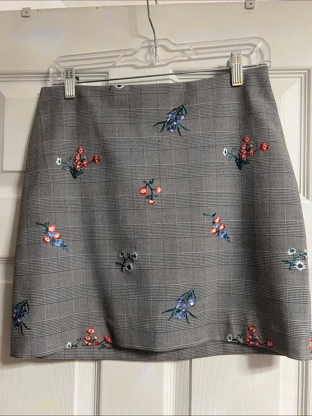 Express Gray Plaid Mini Skirt with Multicolor Floral Embroidery
